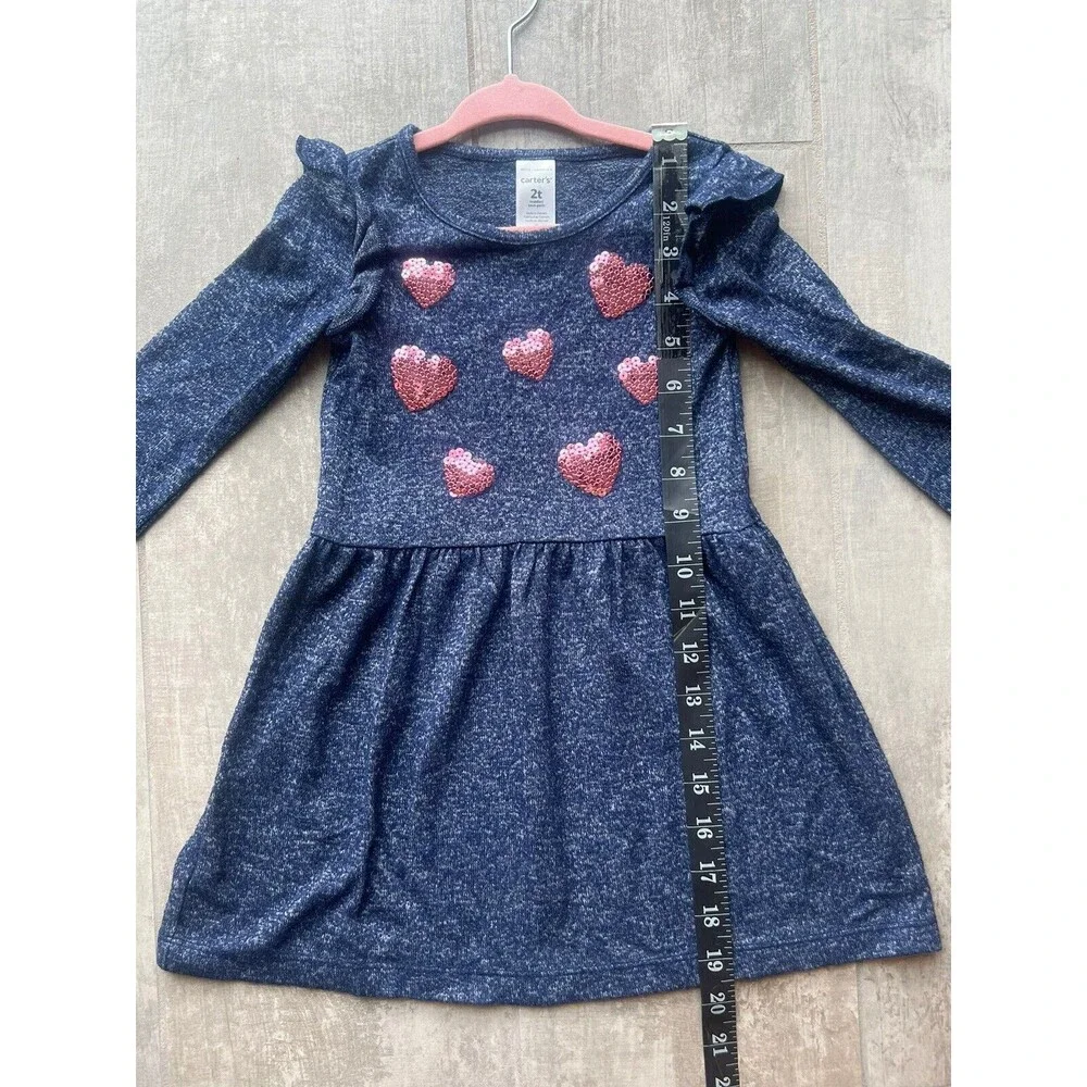 Toddler Girls Sequin Hearts Jersey Dress Lightweight Long Sleeve Blue Pink 2T